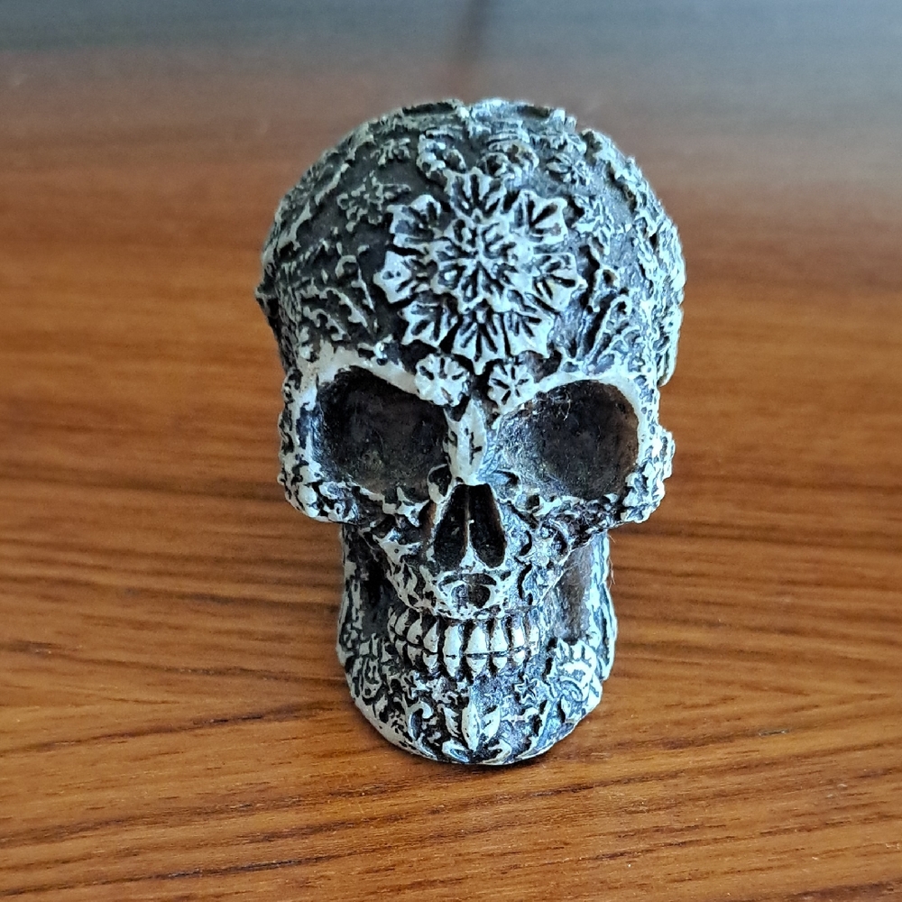 Decorative Floral Skull Figurine in Black and White